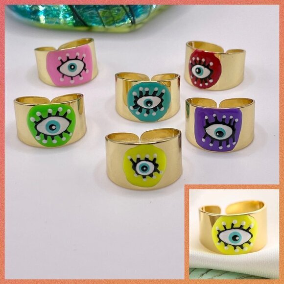 Boho Evil Eye Enamel and Copper Adjustable Ring #1300 YELLOW - Picture 1 of 14